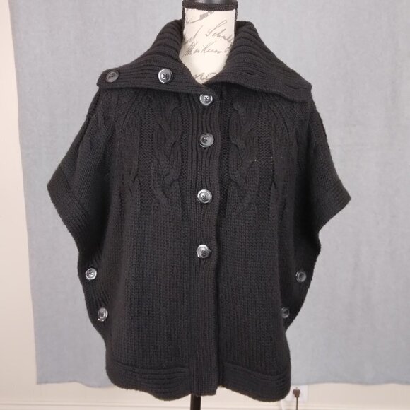 Old Navy | Wool Blend Button Side Poncho Sweater Black | Size SP - Picture 2 of 8